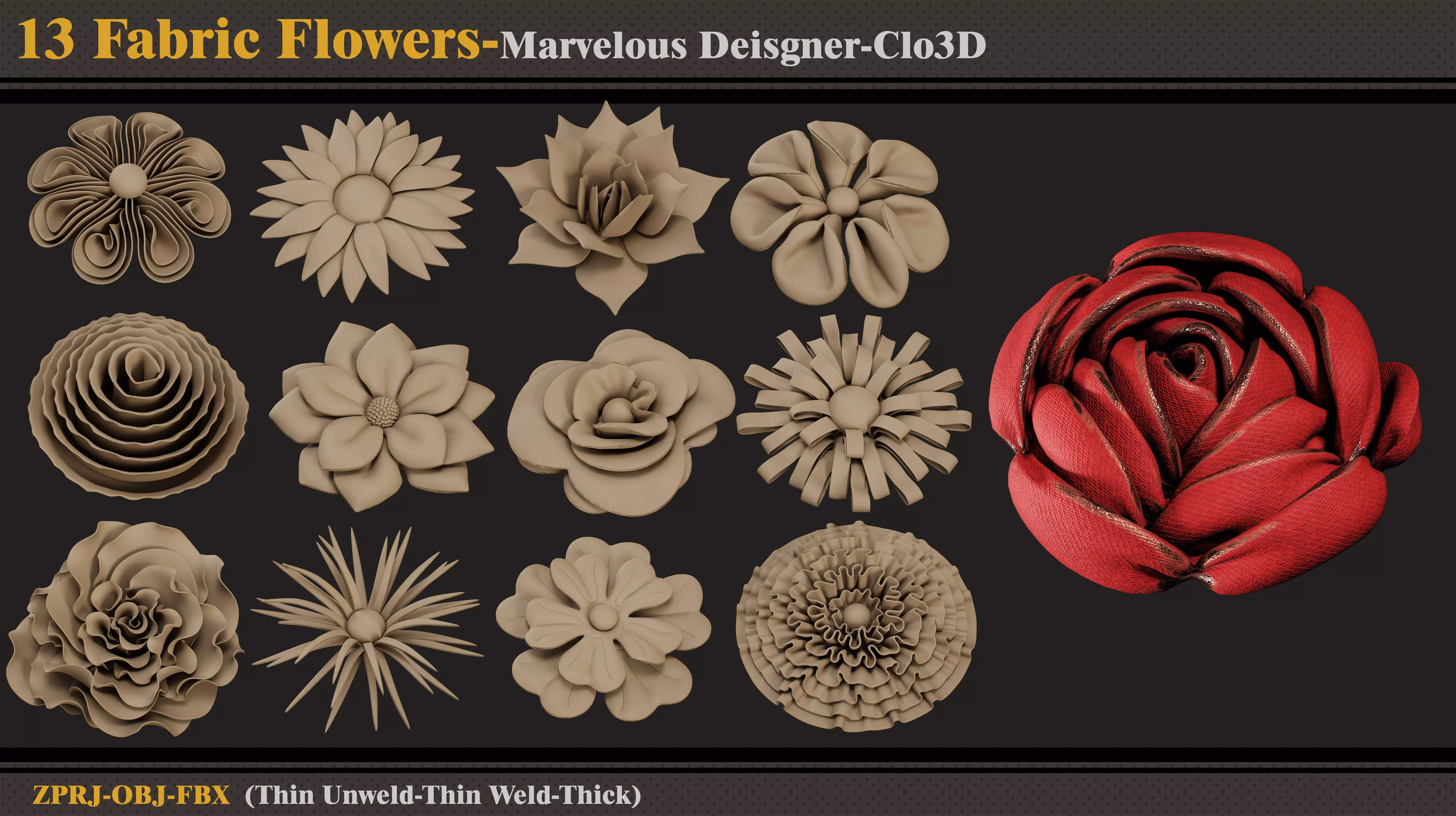 13 Fabric Flowers-MD-Clo3D-ZPRJ-FBX - OBJ 3D model_0