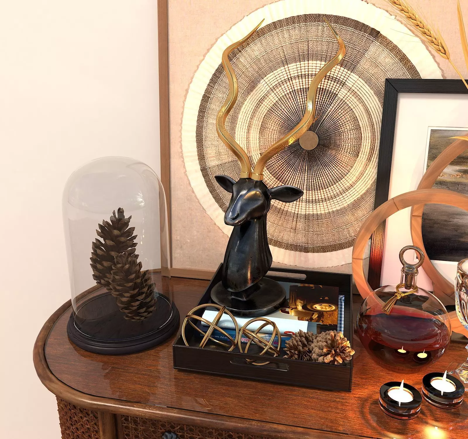 Rattan Sideboard and Decoration 3D model_6