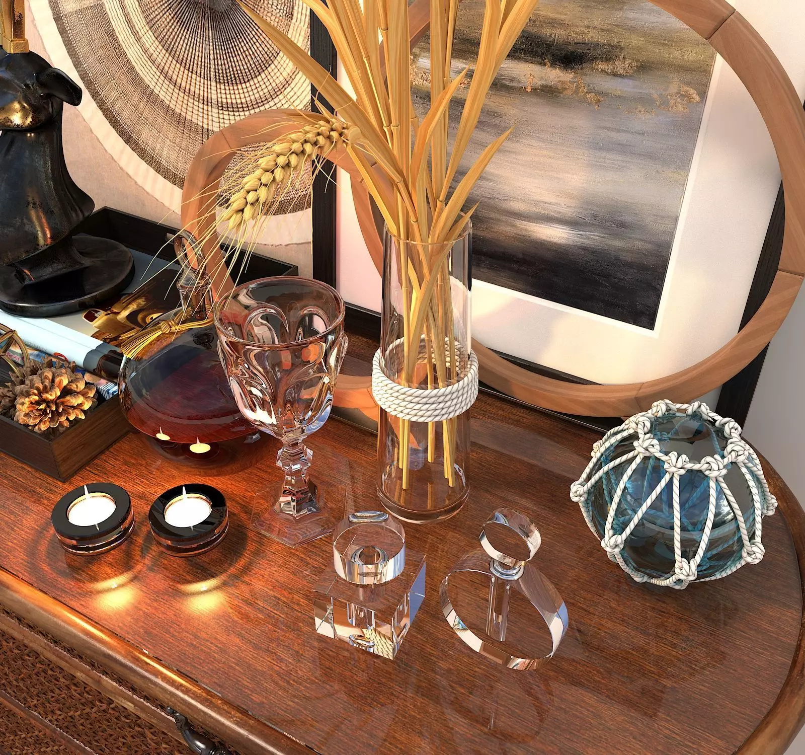 Rattan Sideboard and Decoration 3D model_5