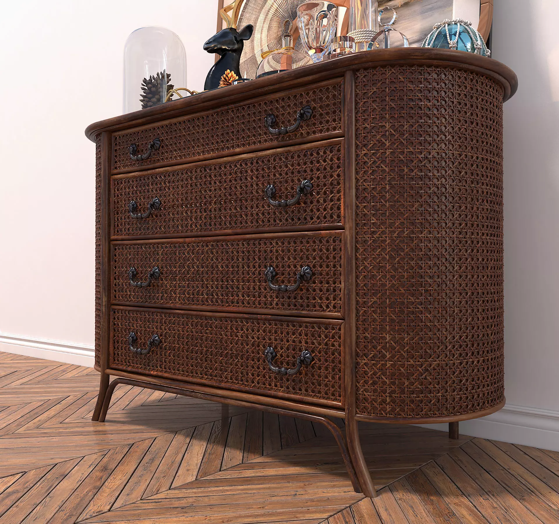 Rattan Sideboard and Decoration 3D model_4