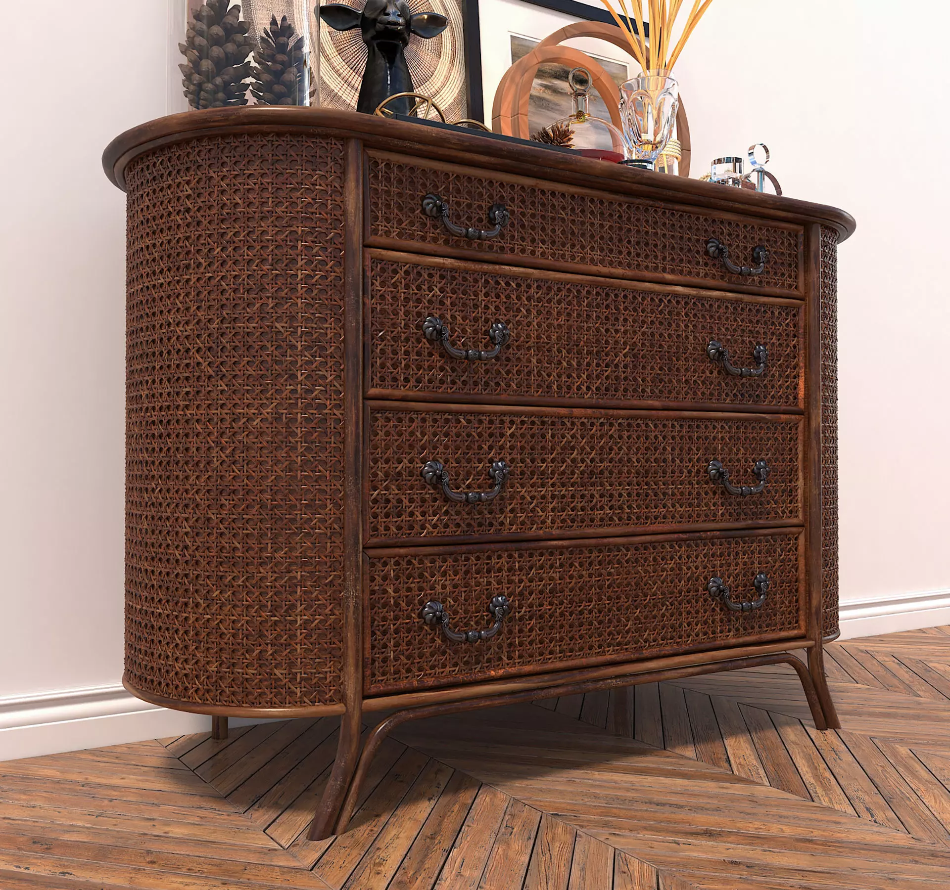 Rattan Sideboard and Decoration 3D model_2