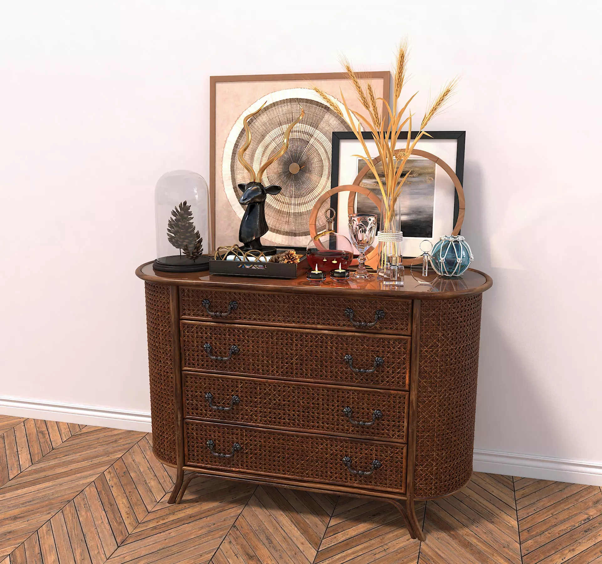 Rattan Sideboard and Decoration 3D model_0