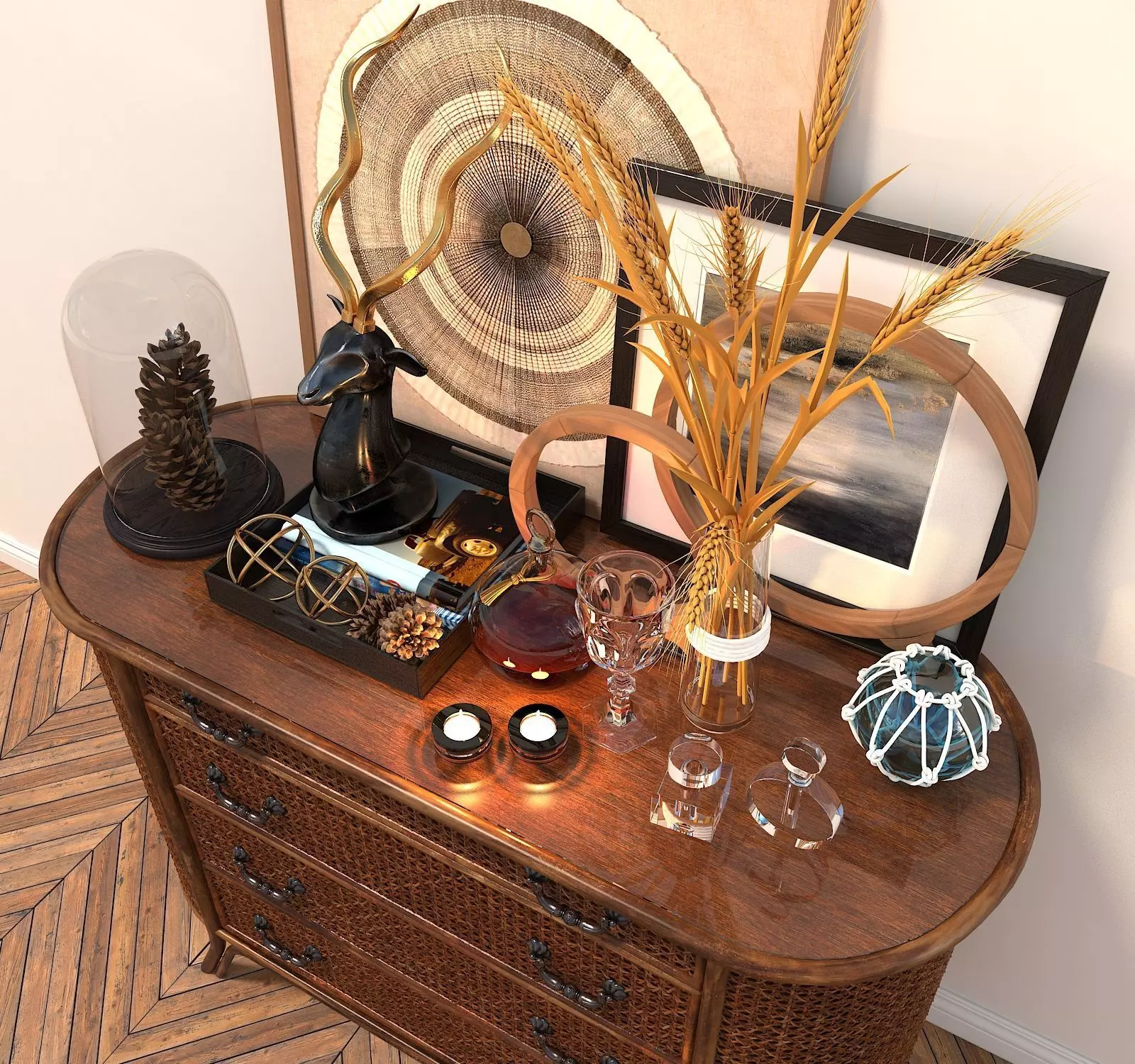 Rattan Sideboard and Decoration 3D model_7