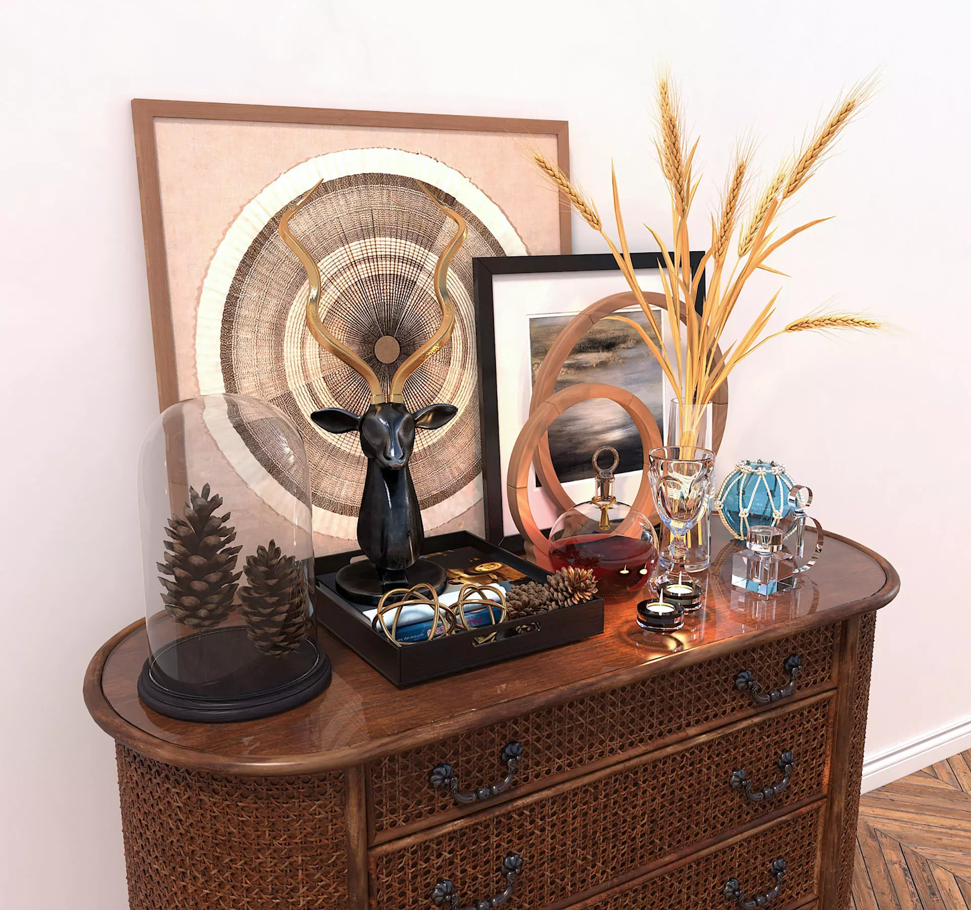 Rattan Sideboard and Decoration 3D model_3