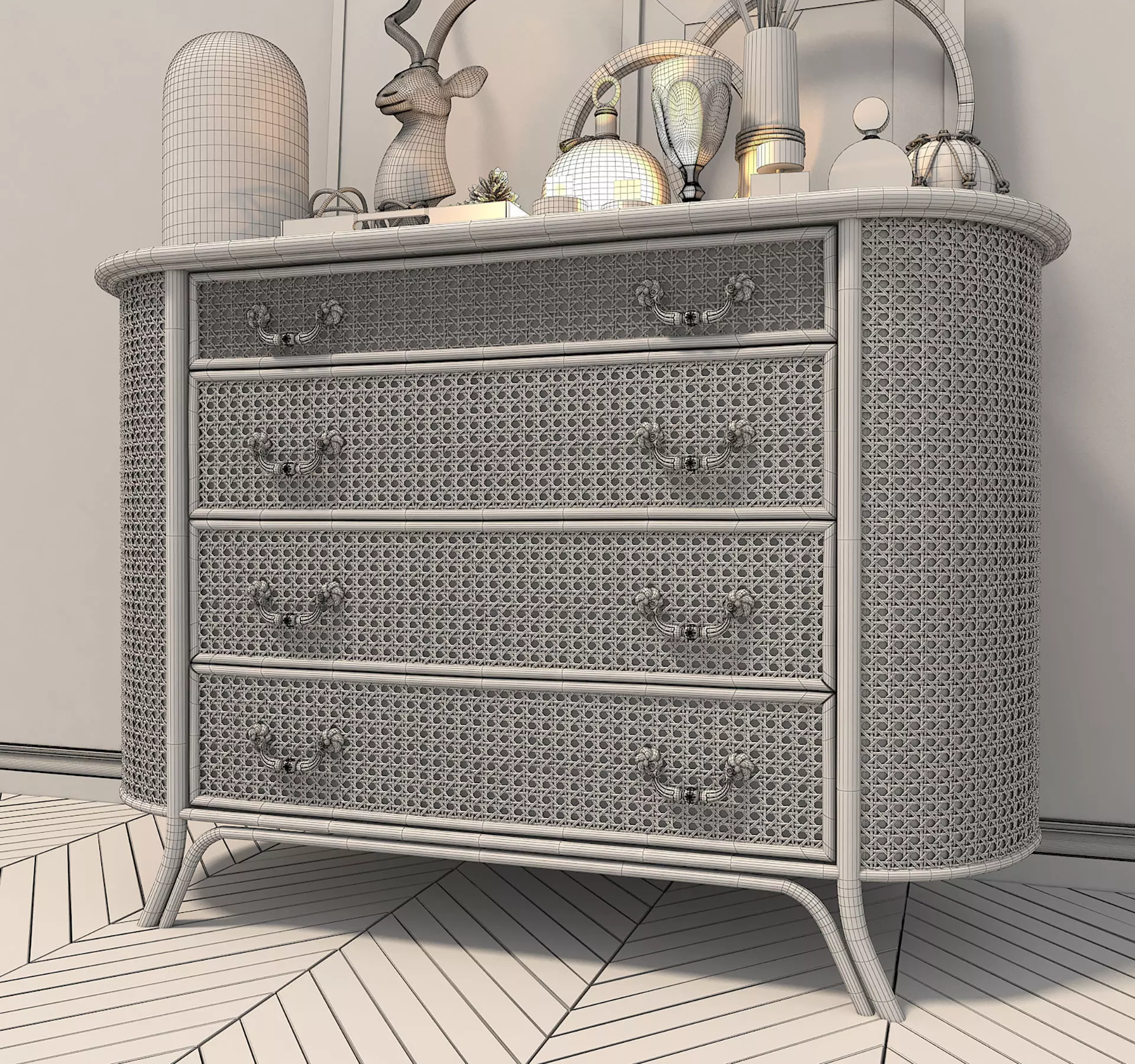 Rattan Sideboard and Decoration 3D model_8