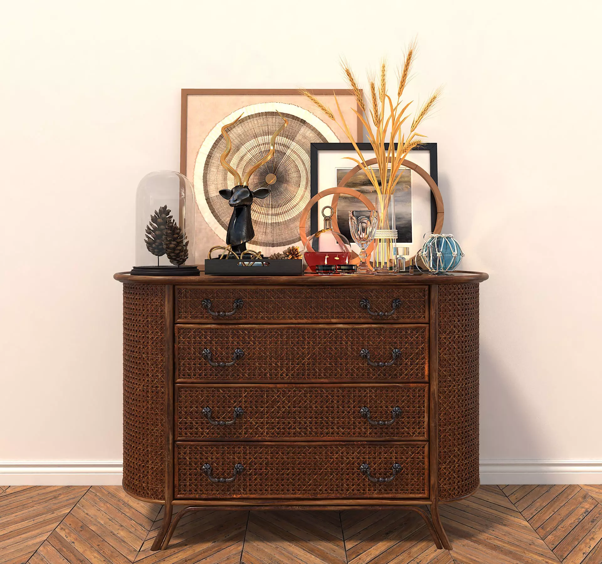 Rattan Sideboard and Decoration 3D model_1
