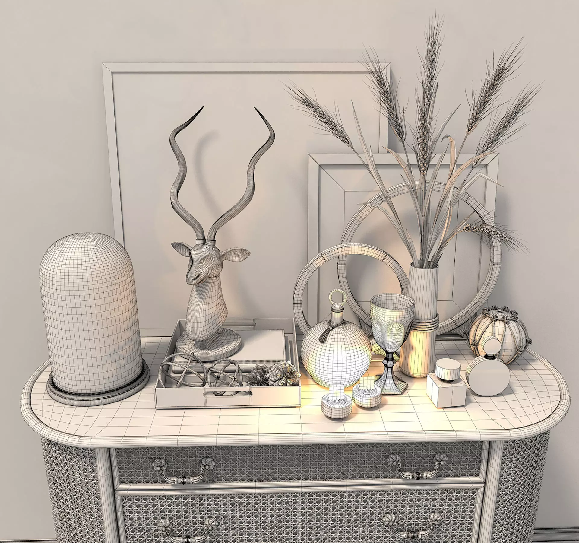 Rattan Sideboard and Decoration 3D model_9