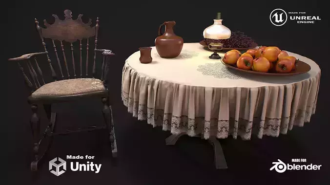 Furniture set with dishes and fruits 3d model