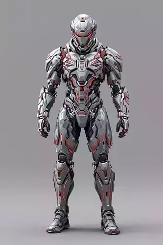 Futuristic Armored Soldier High-Tech Combat Suit Red Accents