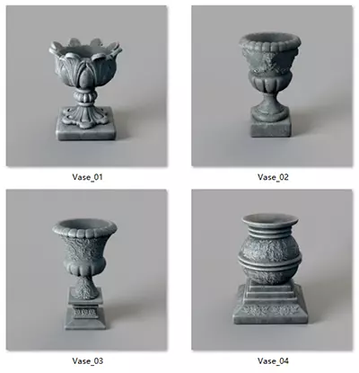 Classical Stone Garden Urn Set 4 in 1 Architectural Props 3D model_0