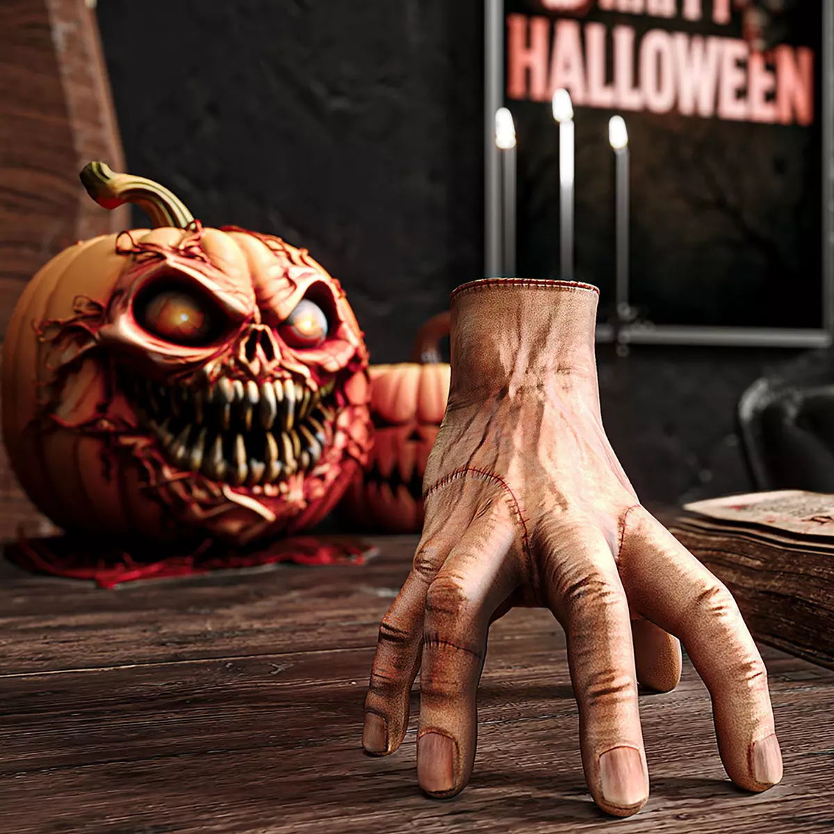 Decorative Halloween Set with Wednesday s Thing 3D model_0