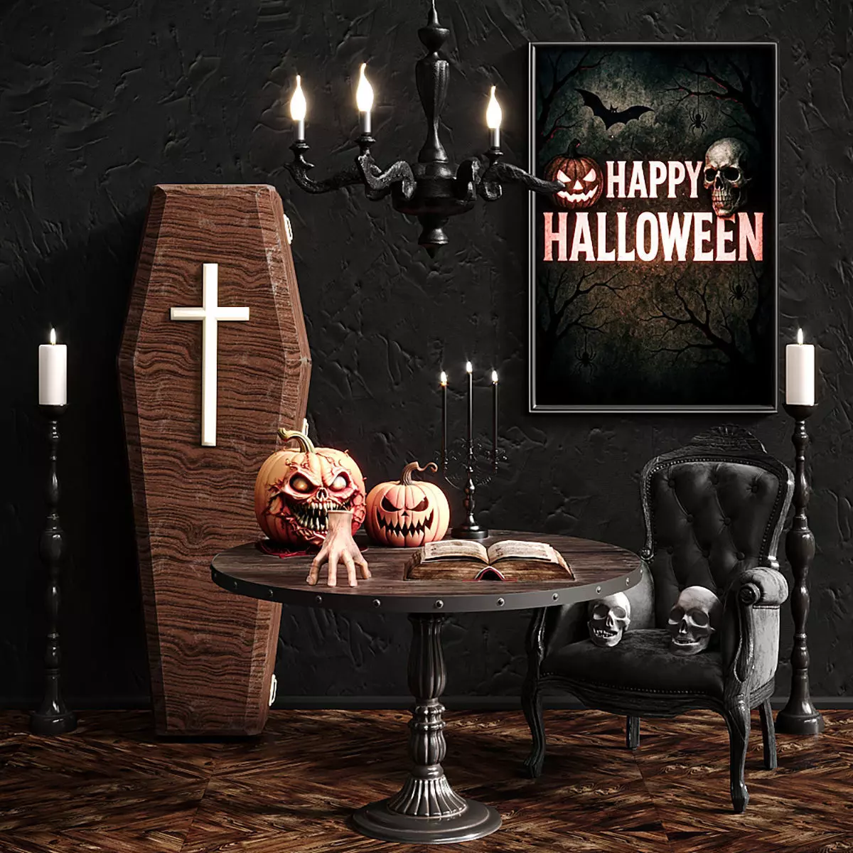 Decorative Halloween Set with Wednesday s Thing 3D model_1