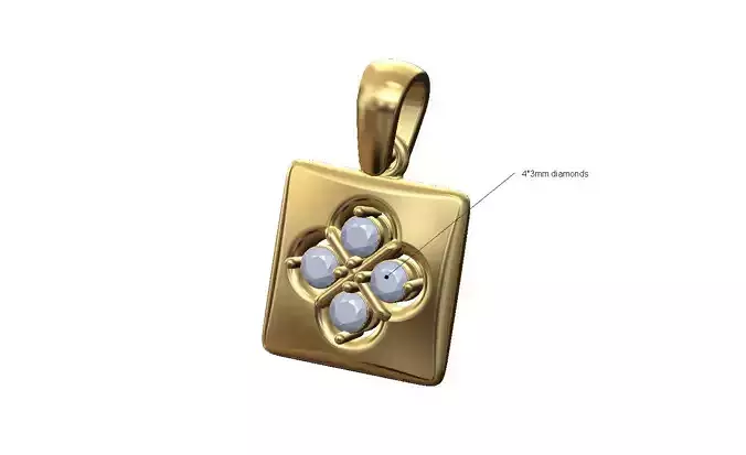 Square cushion clover diamond cluster pendant charm with bail
