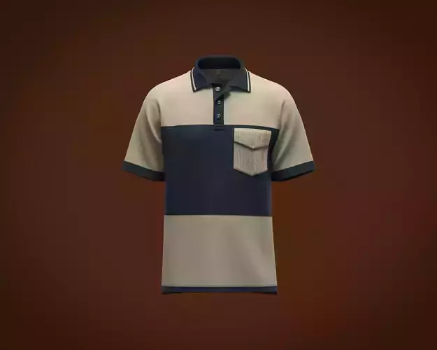 Mens cut and sew polo shirt with color block and flap pocket