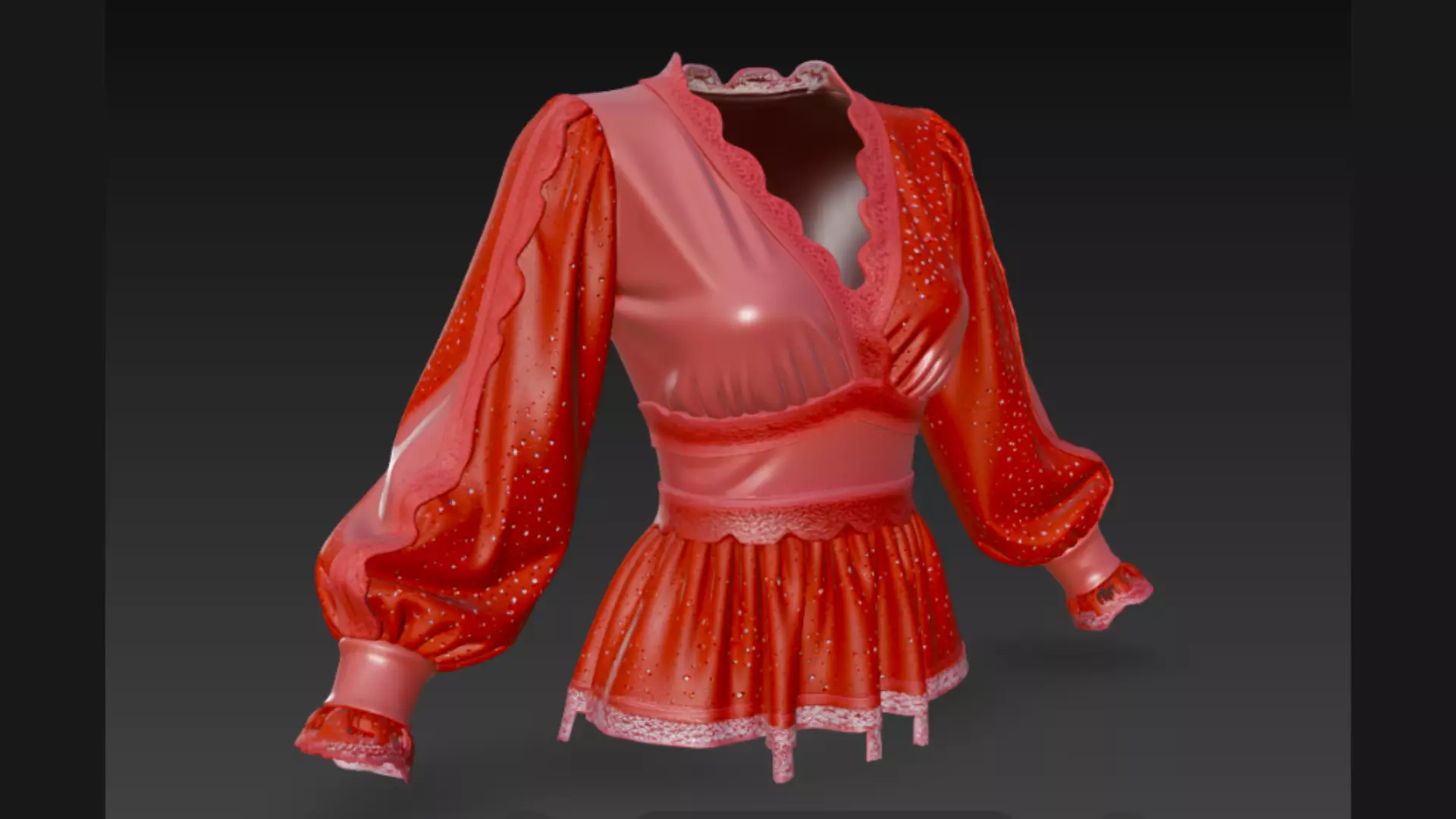 Red Sparkle Peplum Lace-Trim Ladies Top 3D Model 3D model_1