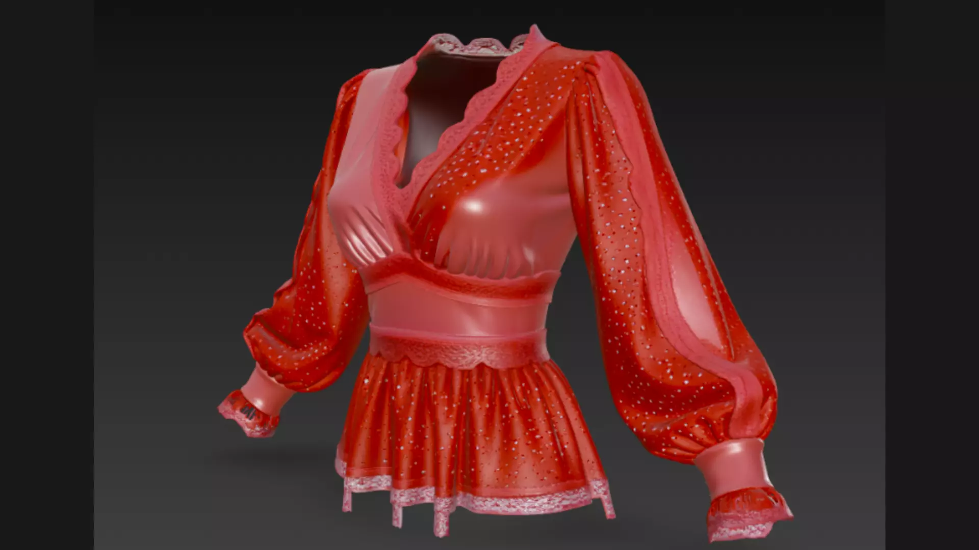 Red Sparkle Peplum Lace-Trim Ladies Top 3D Model 3D model_2