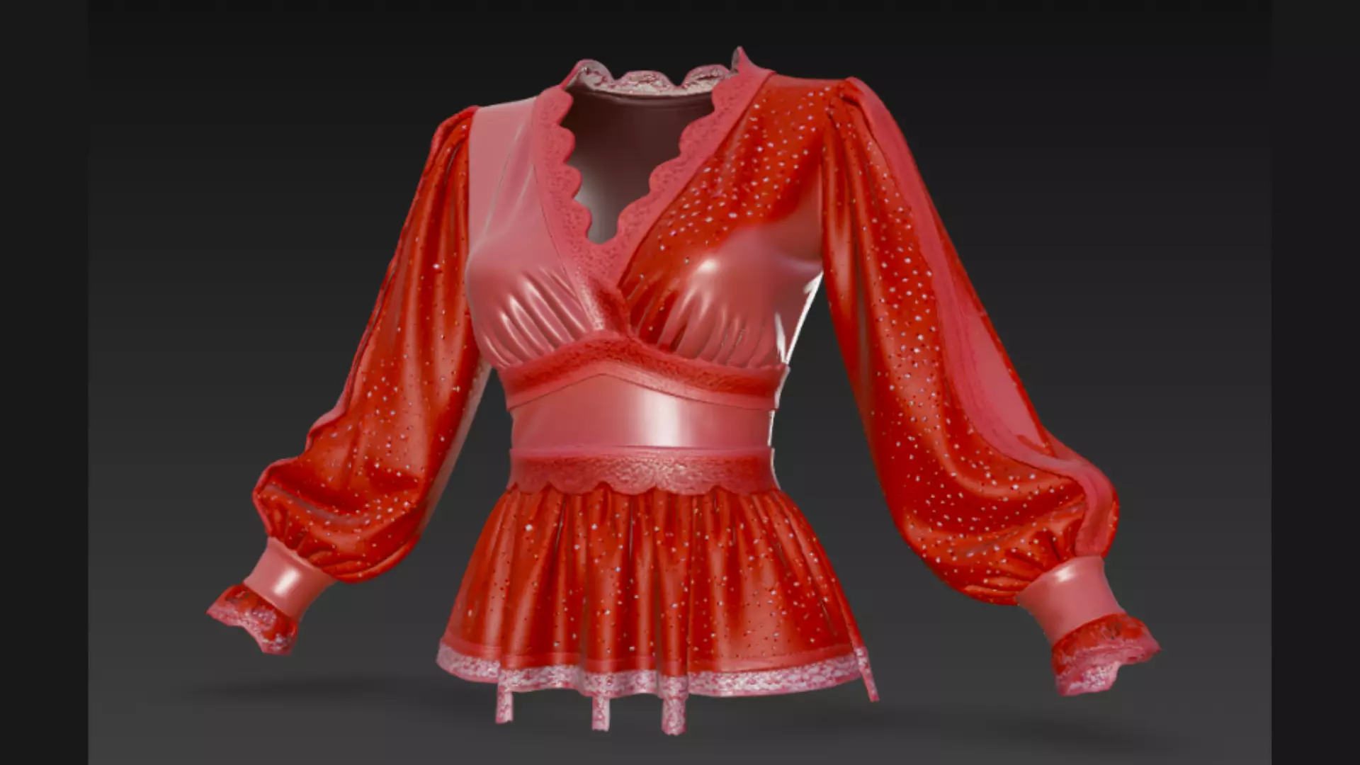 Red Sparkle Peplum Lace-Trim Ladies Top 3D Model 3D model_4