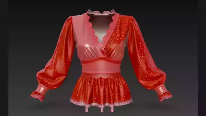 Red Sparkle Peplum Lace-Trim Ladies Top 3D Model 3D model