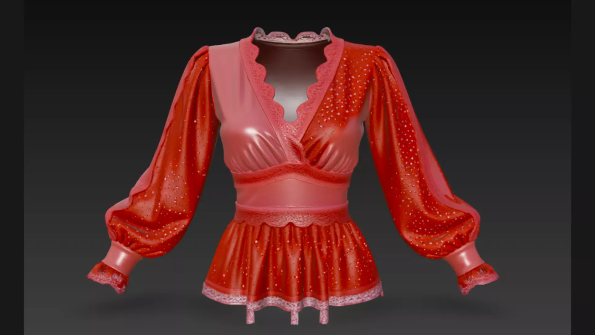 Red Sparkle Peplum Lace-Trim Ladies Top 3D Model 3D model_0