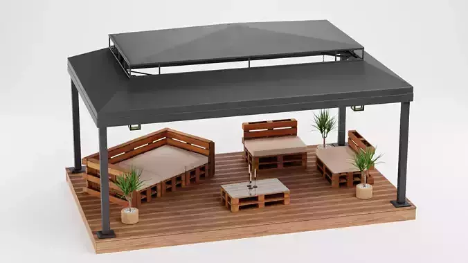 Gazebo Setup V4 - Outdoor Lounge Pavilion Scene 3D model 3