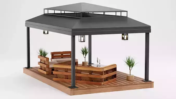 Gazebo Setup V4 - Outdoor Lounge Pavilion Scene 3D model 4