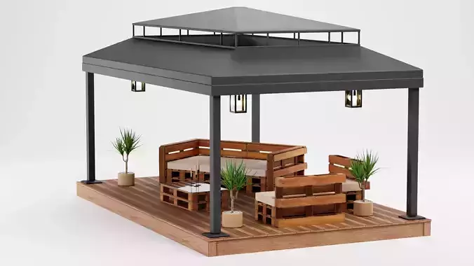 Gazebo Setup V4 - Outdoor Lounge Pavilion Scene 3D model 6