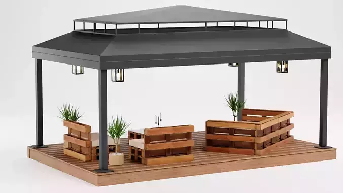Gazebo Setup V4 - Outdoor Lounge Pavilion Scene 3D model 5