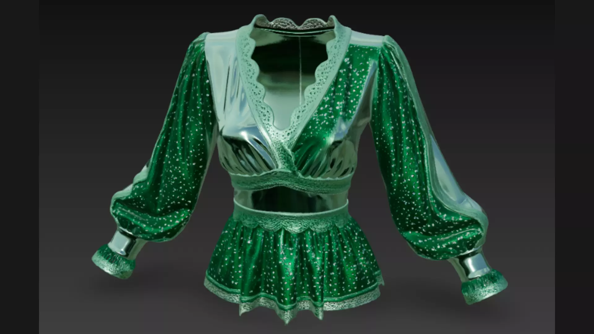 Green Sparkle Peplum Lace-Trim Ladies Top 3D Model 3D model_0