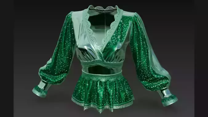 Green Sparkle Peplum Lace-Trim Ladies Top 3D Model 3D model