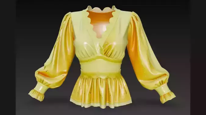 Yellow Sparkle Peplum Lace-Trim Ladies Top 3D Model 3D model