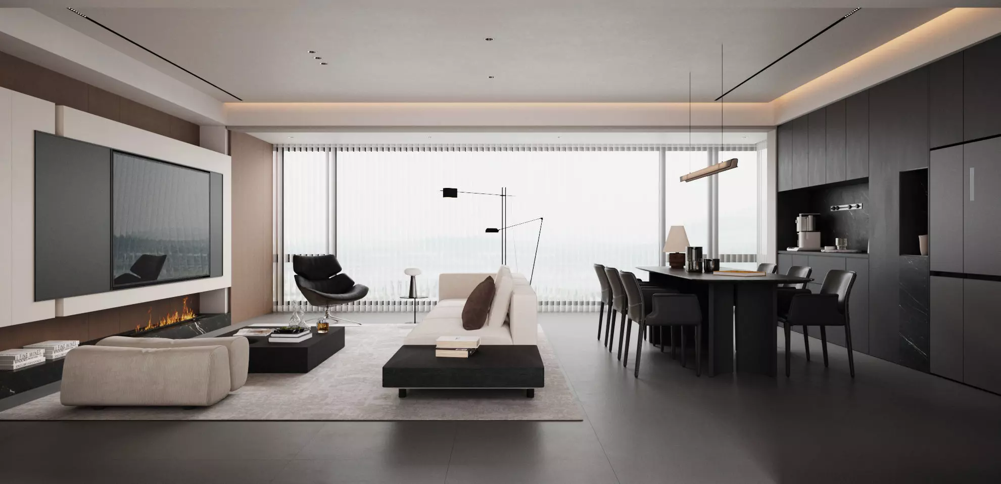 modern minimalist integrated living and dining room space 3D model