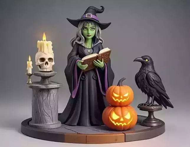 2677Halloween Witch with Spell book  Skull Raven and Pumpkin