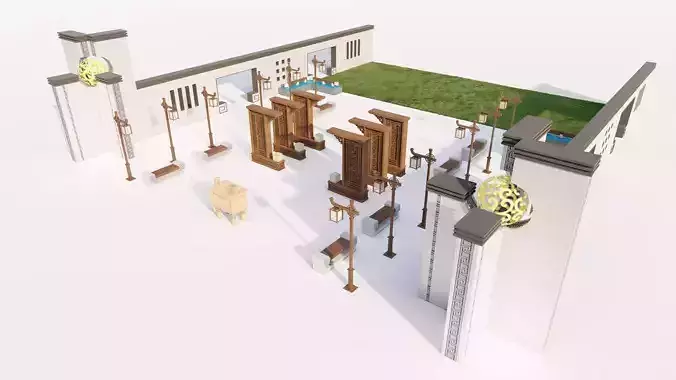 Modular Chinese Japanese Archway Lantern and Bench Set