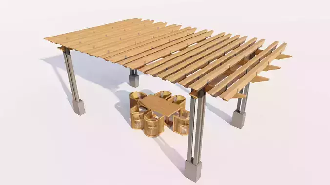 Modern Wood Pergola with Metal Supports and Dining Set
