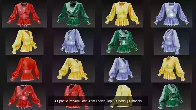 4 Sparkle Peplum Lace-Trim Ladies Top 3D Model