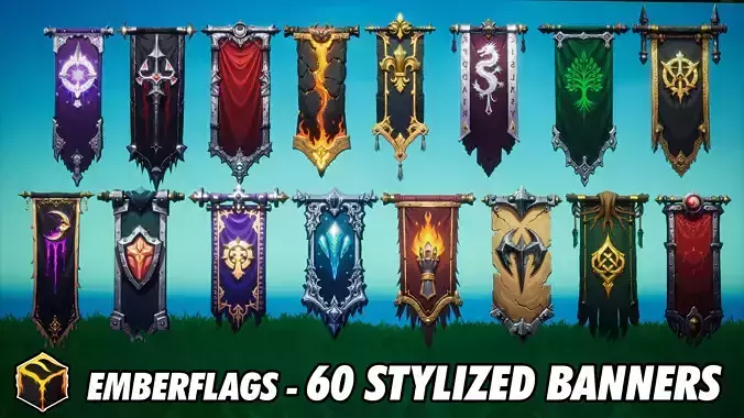 Emberflags - 60 Stylized Banner Models - Stylized Prop Pack