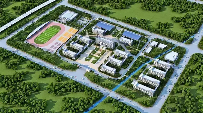 Modern School Campus with Stadium