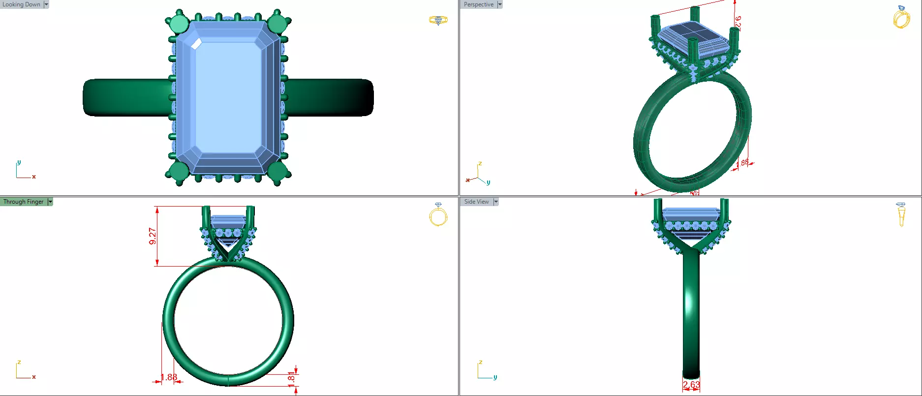 emerald cut solitare all under halo diamond on prongs 3D print model_4