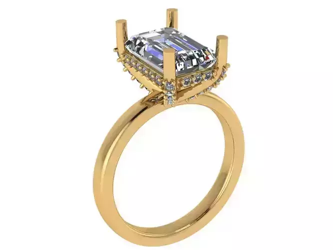 emerald cut solitare all under halo diamond on prongs 