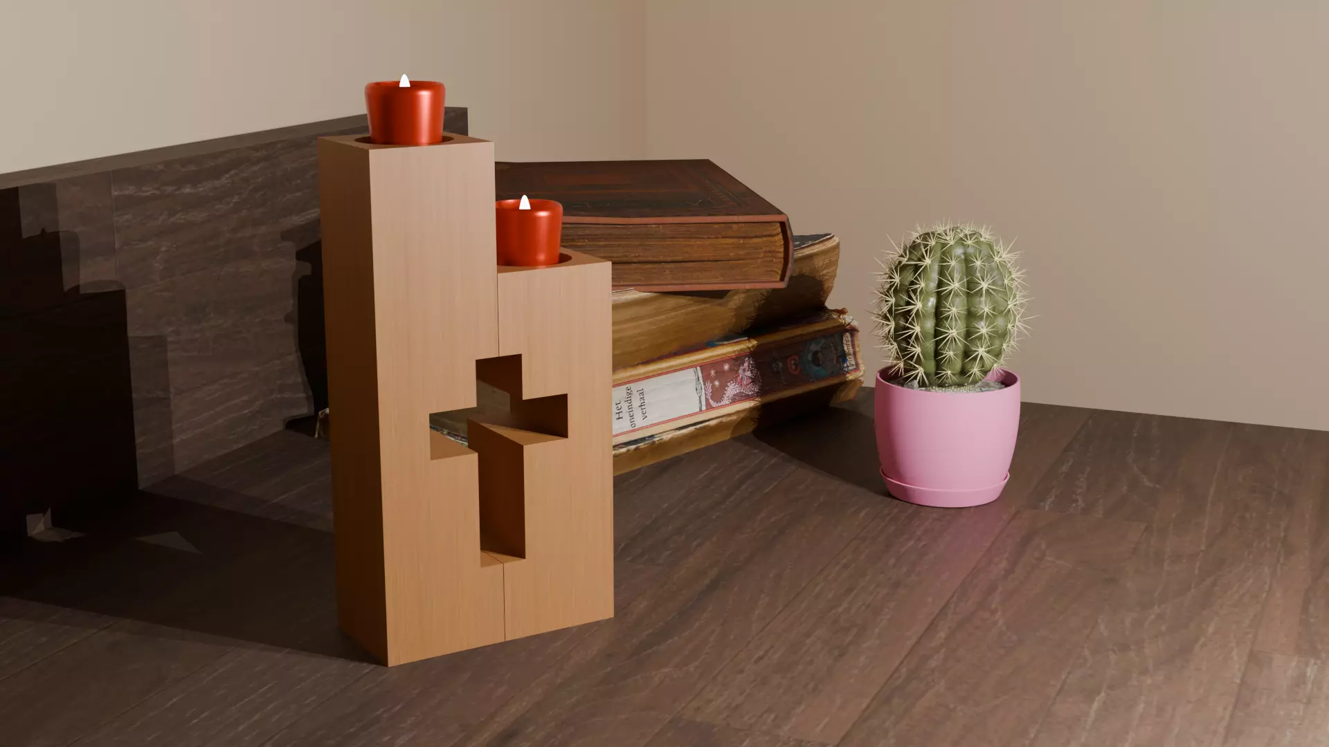 Rustic Cross Candle Holder with Votive Candles Low-poly 3D model