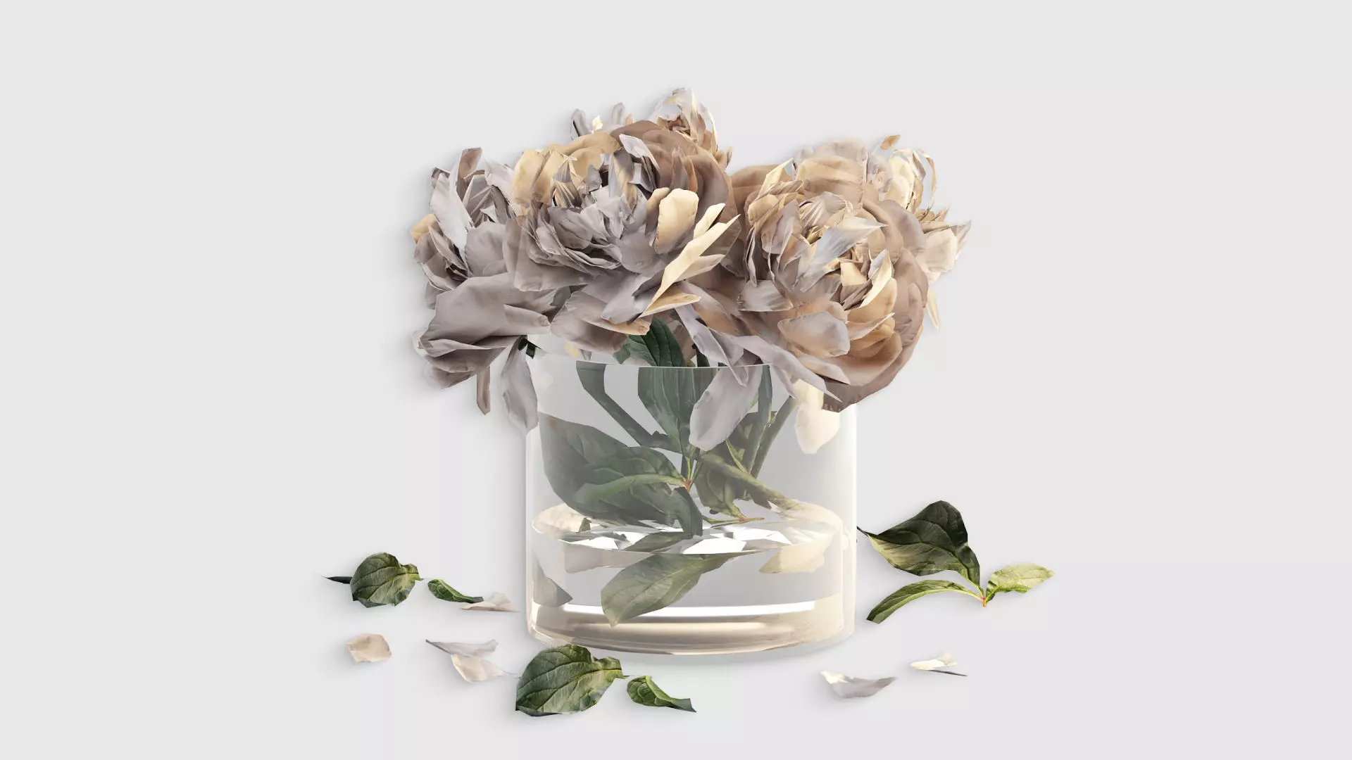 Bouquet of peonies in a glass vase 3D model_1