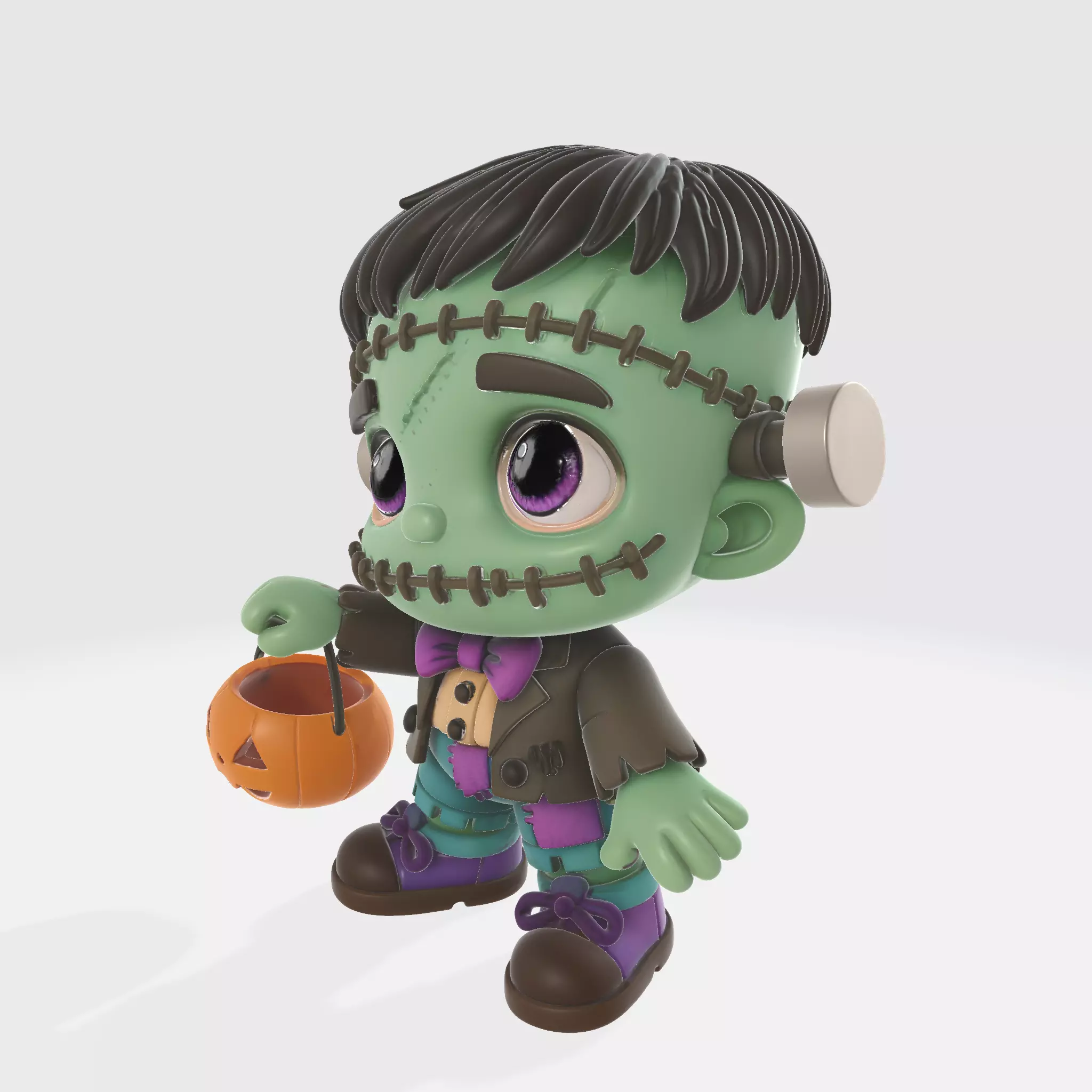 Frankenstein Halloween Figurine Chibi Style Monster with Pumpkin 3D print model_2