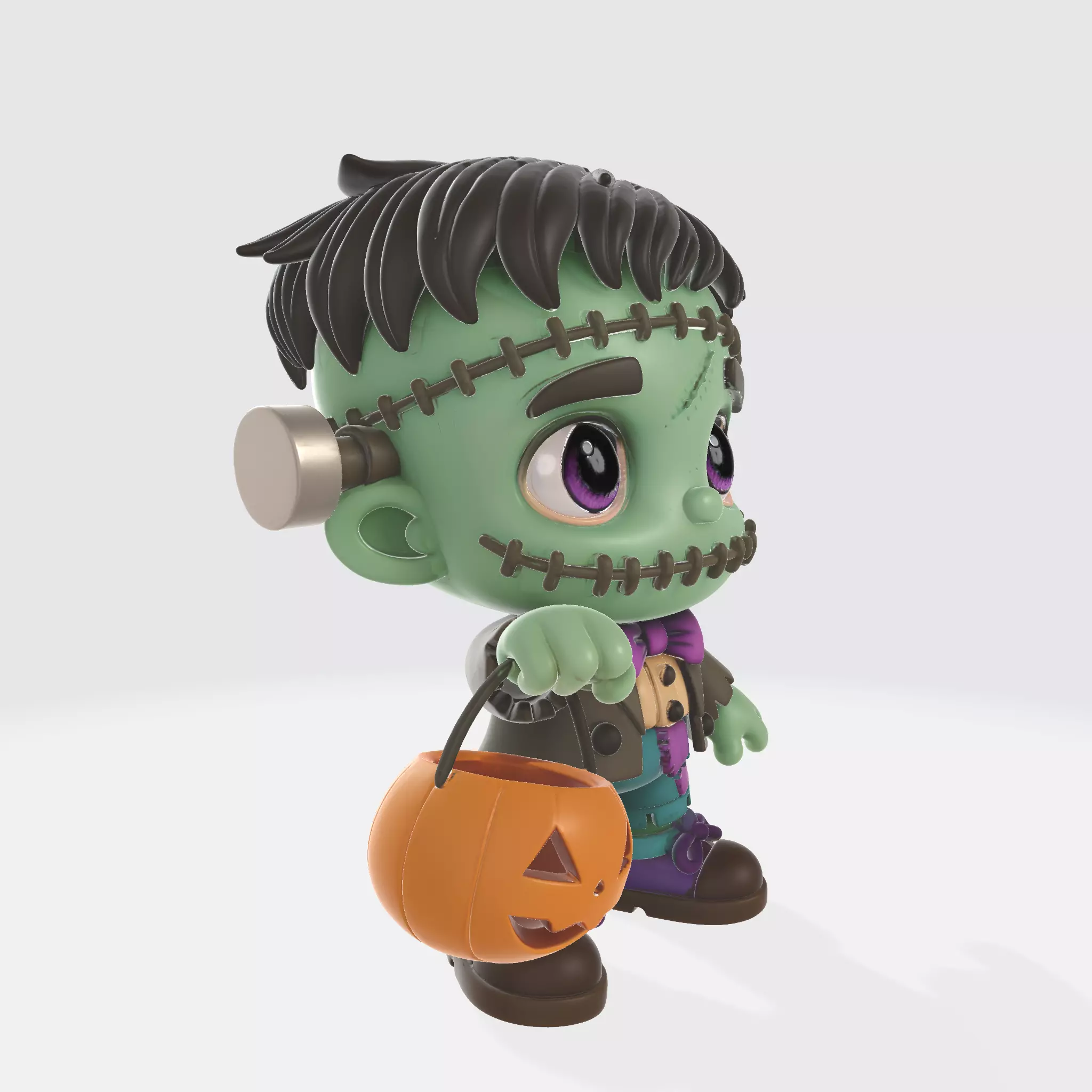 Frankenstein Halloween Figurine Chibi Style Monster with Pumpkin 3D print model_4