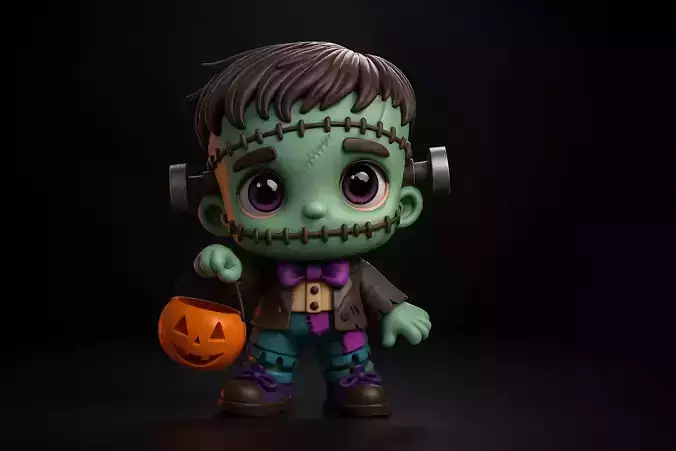 Frankenstein Halloween Figurine Chibi Style Monster with Pumpkin