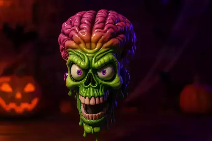 Alien Martian Skull with Exposed Brain Halloween Decor