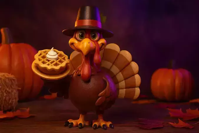 Thanksgiving Turkey Figurine with Pilgrim Hat and Pumpkin Pie 