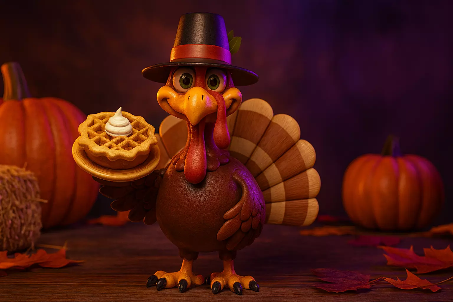 Thanksgiving Turkey Figurine with Pilgrim Hat and Pumpkin Pie 3D print model
