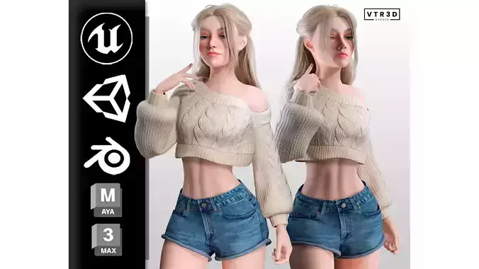 Stylized Female Character Cartoon Casual Outfit Low-poly 3D model
