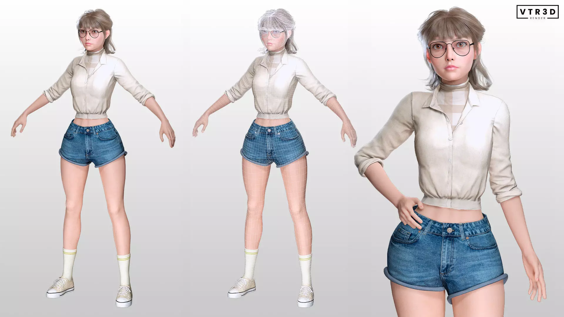 Stylized Female Character Cartoon with Glasses Low-poly 3D model_5
