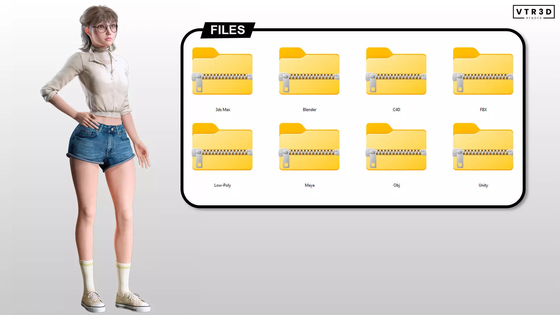 Stylized Female Character Cartoon with Glasses Low-poly 3D model_9